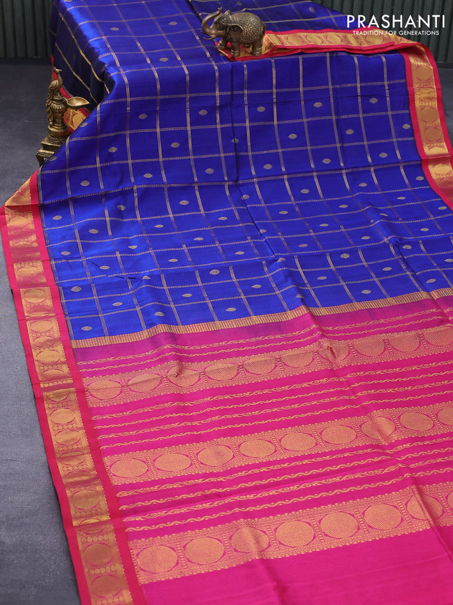 Silk cotton saree blue and pink with allover zari checks & buttas and rudhraksha zari woven korvai border