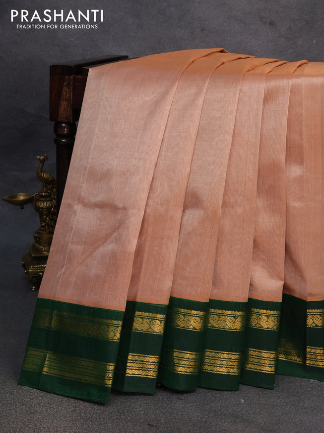 Silk cotton saree sandal and green with plain body and rettapet zari woven korvai border