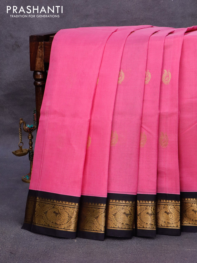 Silk cotton saree pink and black with annam zari woven buttas and annam zari woven korvai border