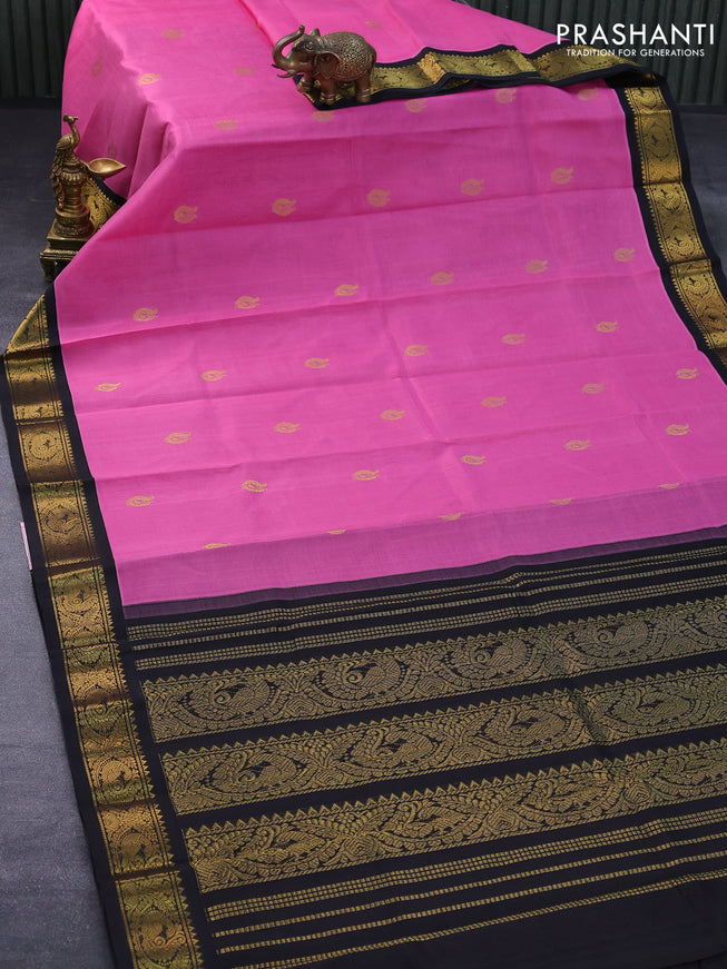Silk cotton saree pink and black with annam zari woven buttas and annam zari woven korvai border
