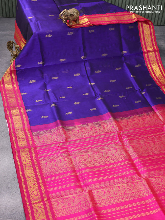Silk cotton saree blue and pink with zari woven buttas and zari woven korvai border