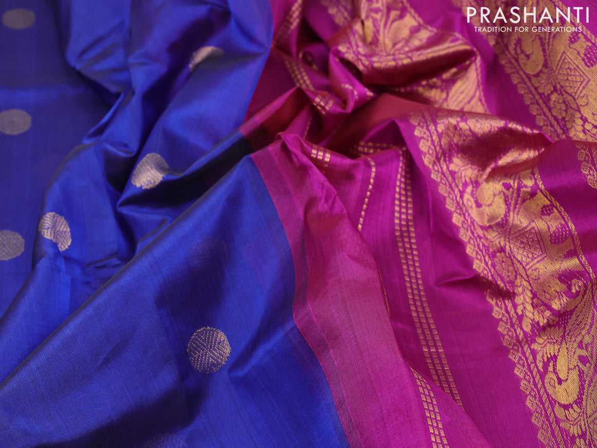 Silk cotton saree blue and purple with rudhraksha zari woven buttas and zari woven korvai border