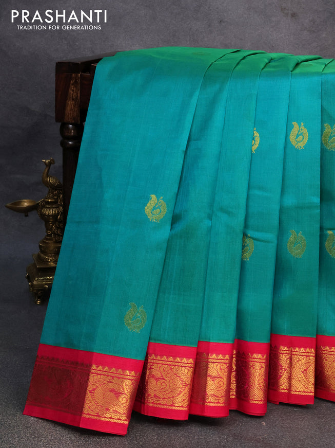 Silk cotton saree teal green and pink with annam zari woven buttas and annam zari woven korvai border