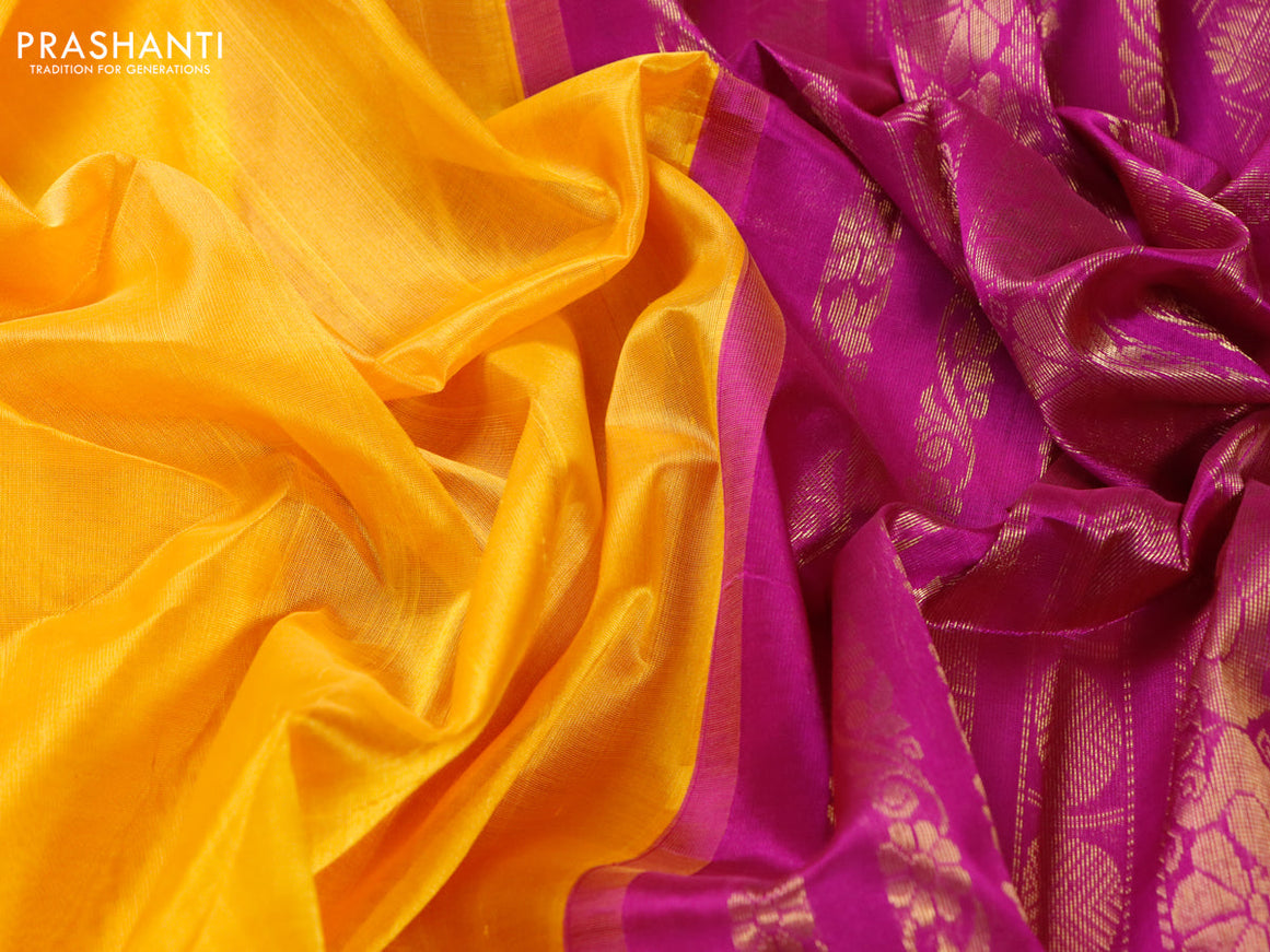 Silk cotton saree mango yellow and purple with plain body and zari woven korvai border