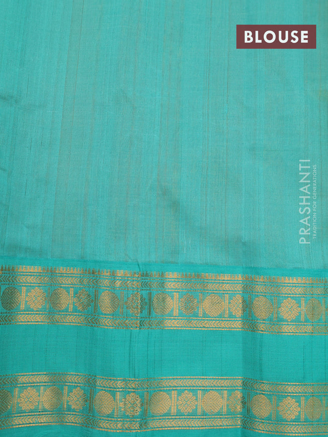 Silk cotton saree mango yellow and teal blue with allover self emboss & zari buttas and rettapet zari woven korvai border
