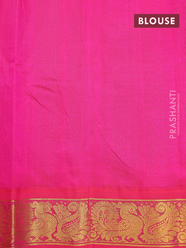 Silk cotton saree peacock blue and pink with plain body and annam & paisley zari woven korvai border