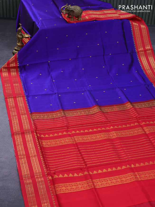 Silk cotton saree blue and red with zari woven butats and zari woven korvai border