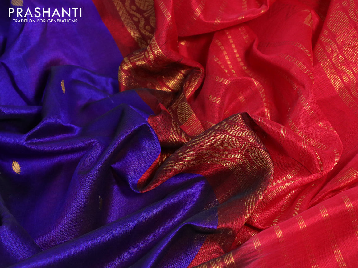 Silk cotton saree blue and red with zari woven butats and zari woven korvai border