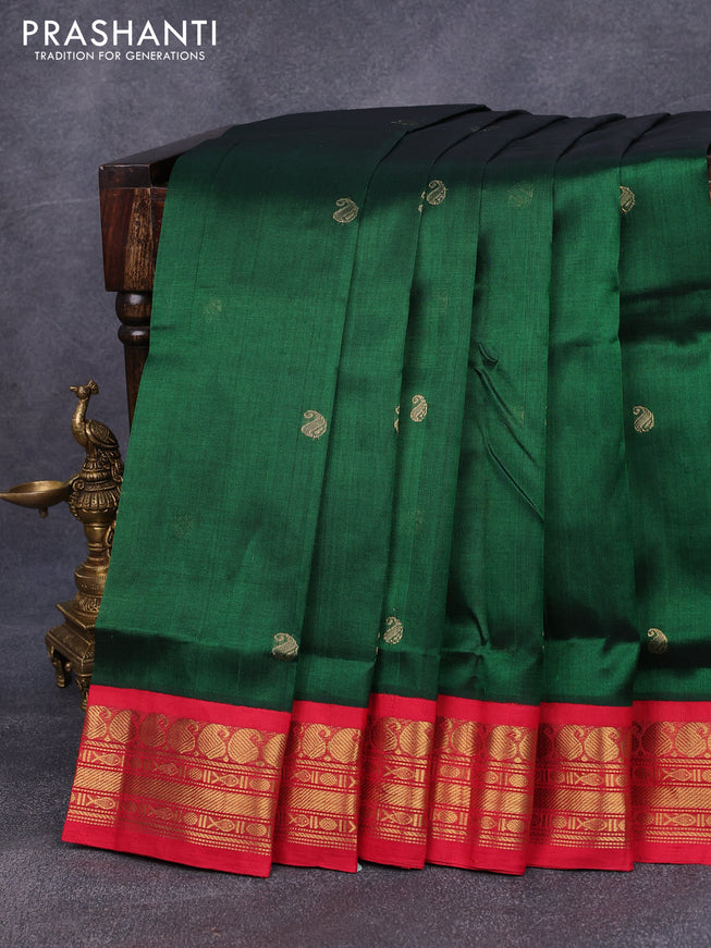 Silk cotton saree green and red with paisley zari woven buttas and zari woven korvai border