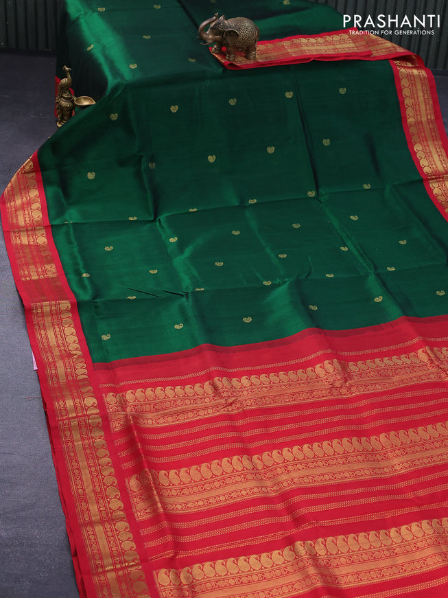 Silk cotton saree green and red with paisley zari woven buttas and zari woven korvai border