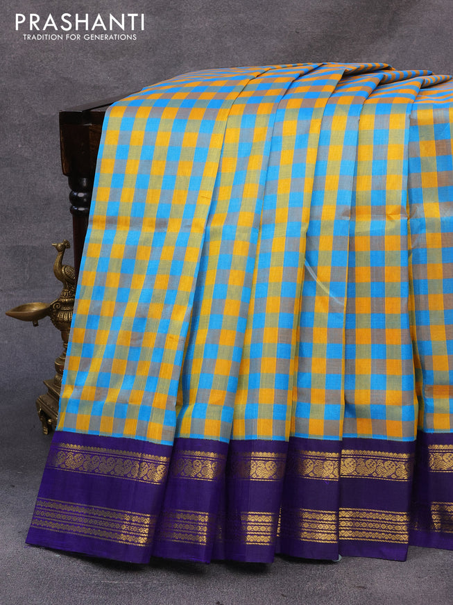 Silk cotton saree multi colour and blue with allover paalum pazhamum checks and rettapet zari woven korvai border