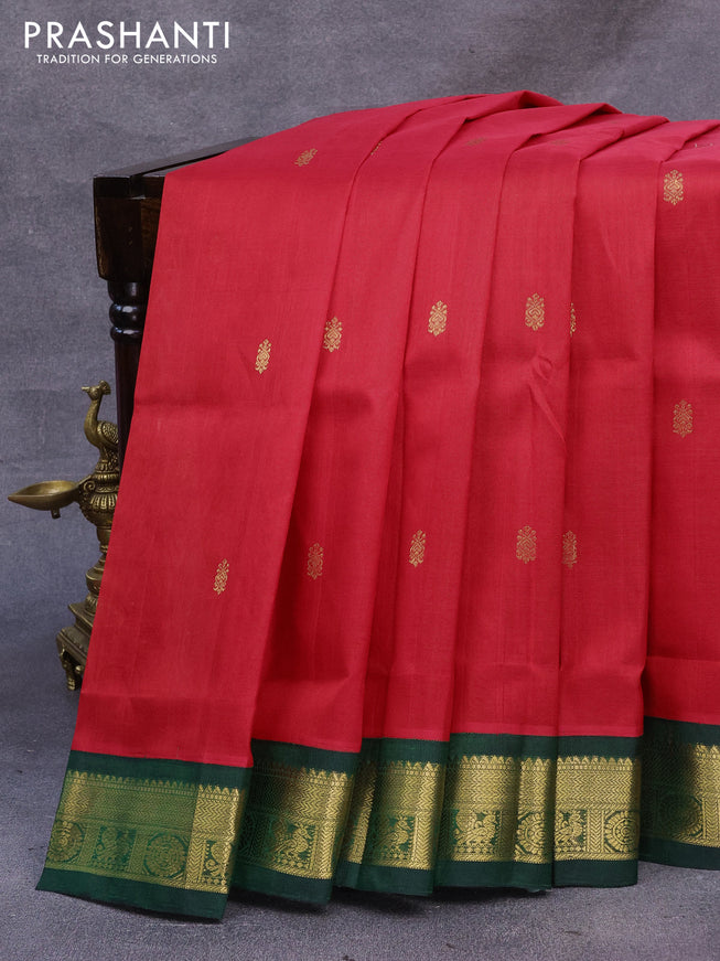 Silk cotton saree red and green with zari woven buttas and zari woven korvai border