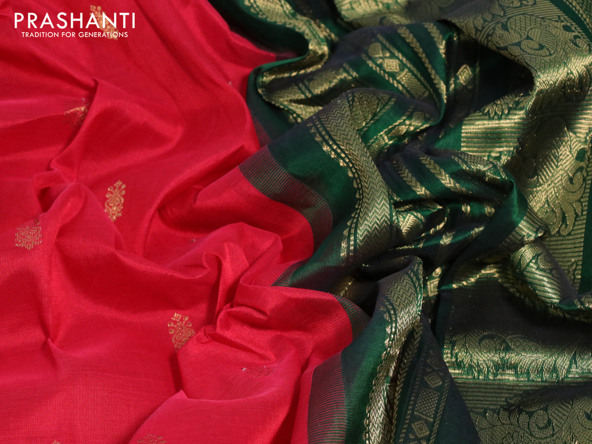 Silk cotton saree red and green with zari woven buttas and zari woven korvai border