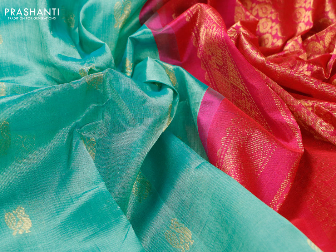 Kuppadam silk cotton saree teal green and pink with annam zari woven buttas and zari woven border