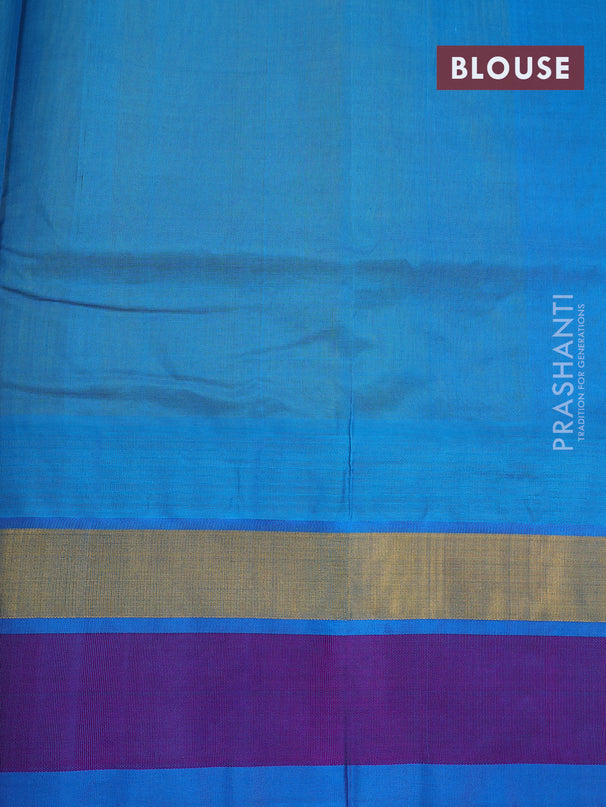 Kuppadam silk cotton saree lime green and cs blue with plain body and temple design zari woven simple border