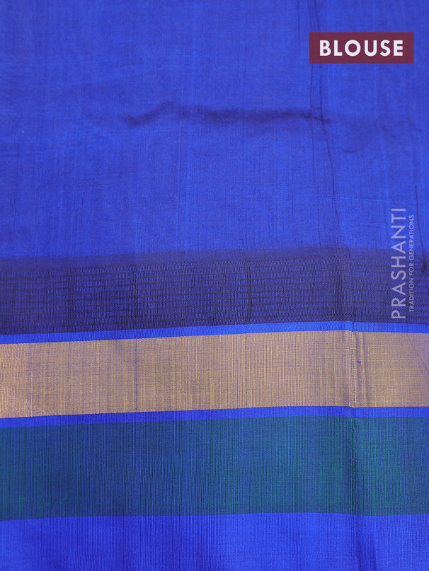 Kuppadam silk cotton saree cream and blue with plain body and temple design zari woven simple border