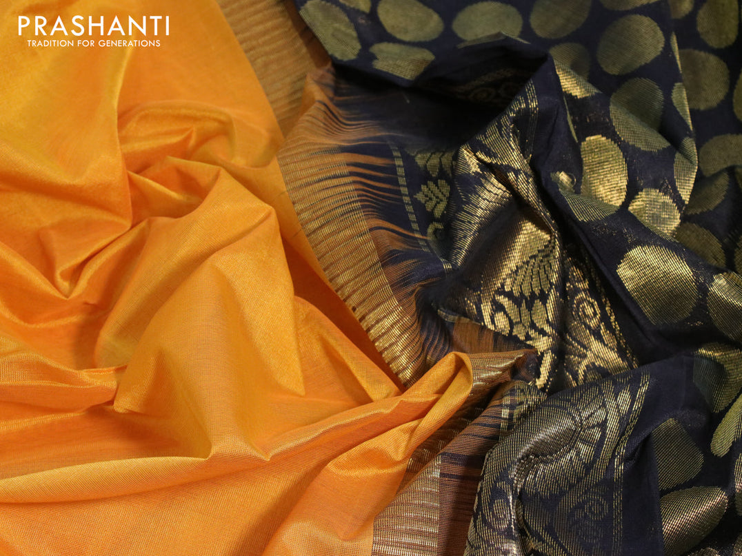 Kuppadam silk cotton saree mustard yellow and black with plain body and temple design zari woven simple border