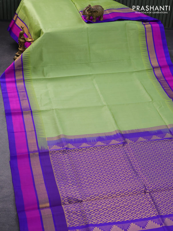 Kuppadam silk cotton saree light green and blue with plain body and temple design zari woven simple border