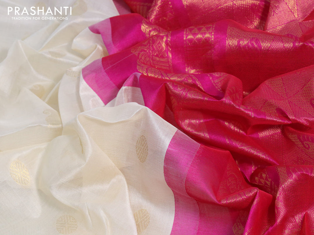 Kuppadam silk cotton saree cream and pink with paisley & rudhraksha zari woven buttas and zari woven border