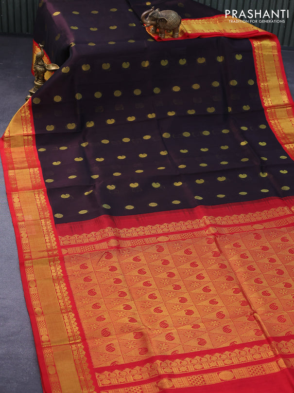 Kuppadam silk cotton saree deep jamun shade and red with paisley & rudhraksha zari woven buttas and zari woven border