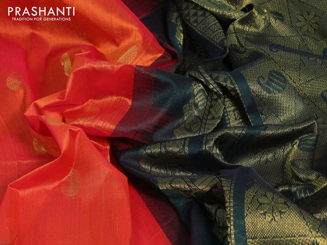 Kuppadam silk cotton saree orange and dark green with paisley & rudhraksha zari woven buttas and zari woven border