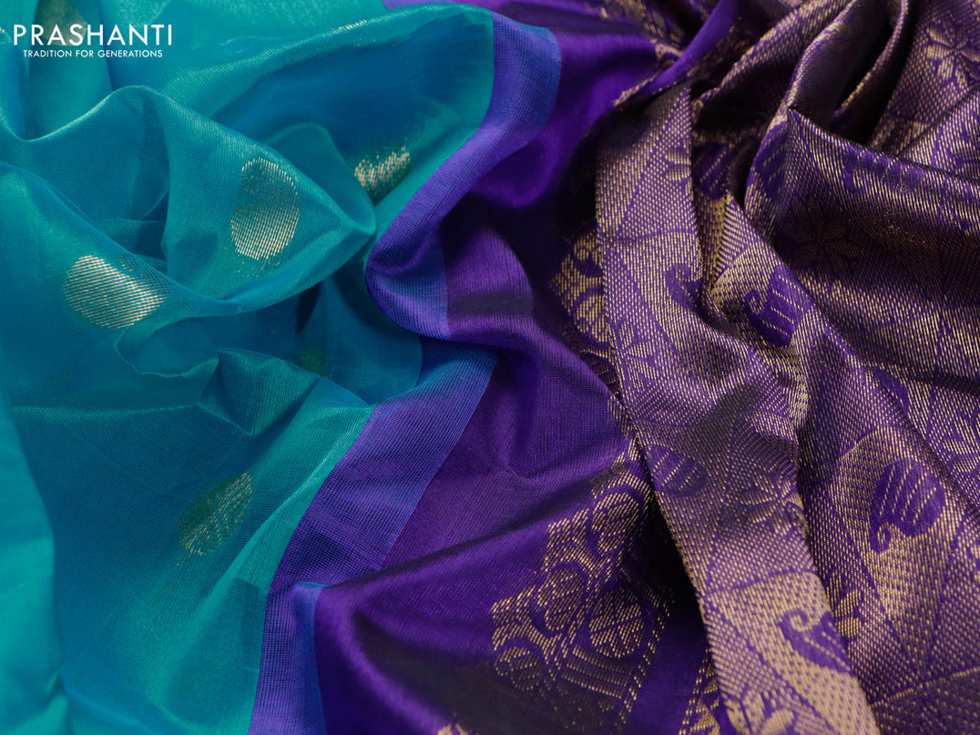 Kuppadam silk cotton saree dual shade of teal blue and blue with paisley & rudhraksha zari woven buttas and zari woven border