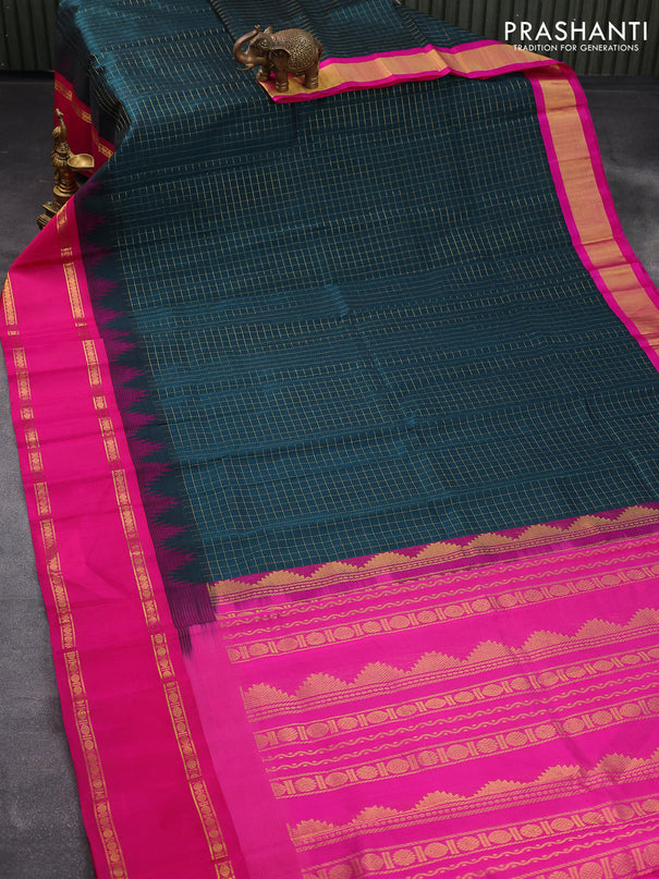 Kuppadam silk cotton saree dark peacock green and pink with allover zari checked pattern and temple design rettapet zari woven border