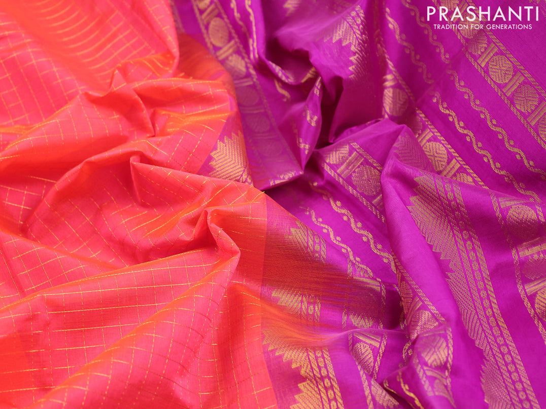 Kuppadam silk cotton saree dual shade of pinkish orange and purple with allover zari checked pattern and temple design rettapet zari woven border