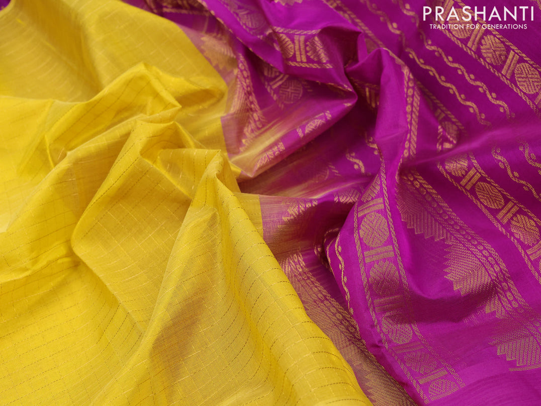 Kuppadam silk cotton saree lime yellow and purple with allover zari checked pattern and temple design rettapet zari woven border