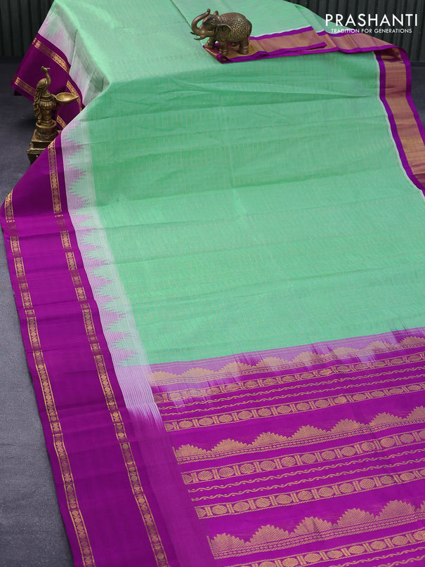 Kuppadam silk cotton saree green shade and purple with allover zari checked pattern and temple design rettapet zari woven border