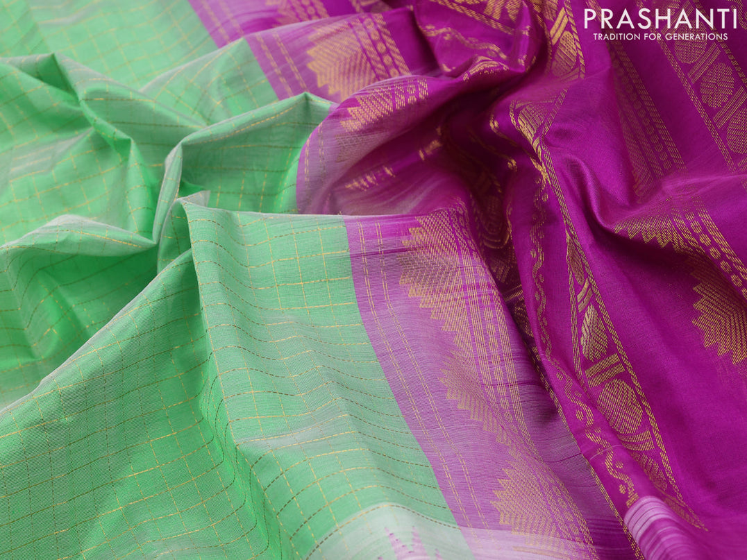 Kuppadam silk cotton saree green shade and purple with allover zari checked pattern and temple design rettapet zari woven border