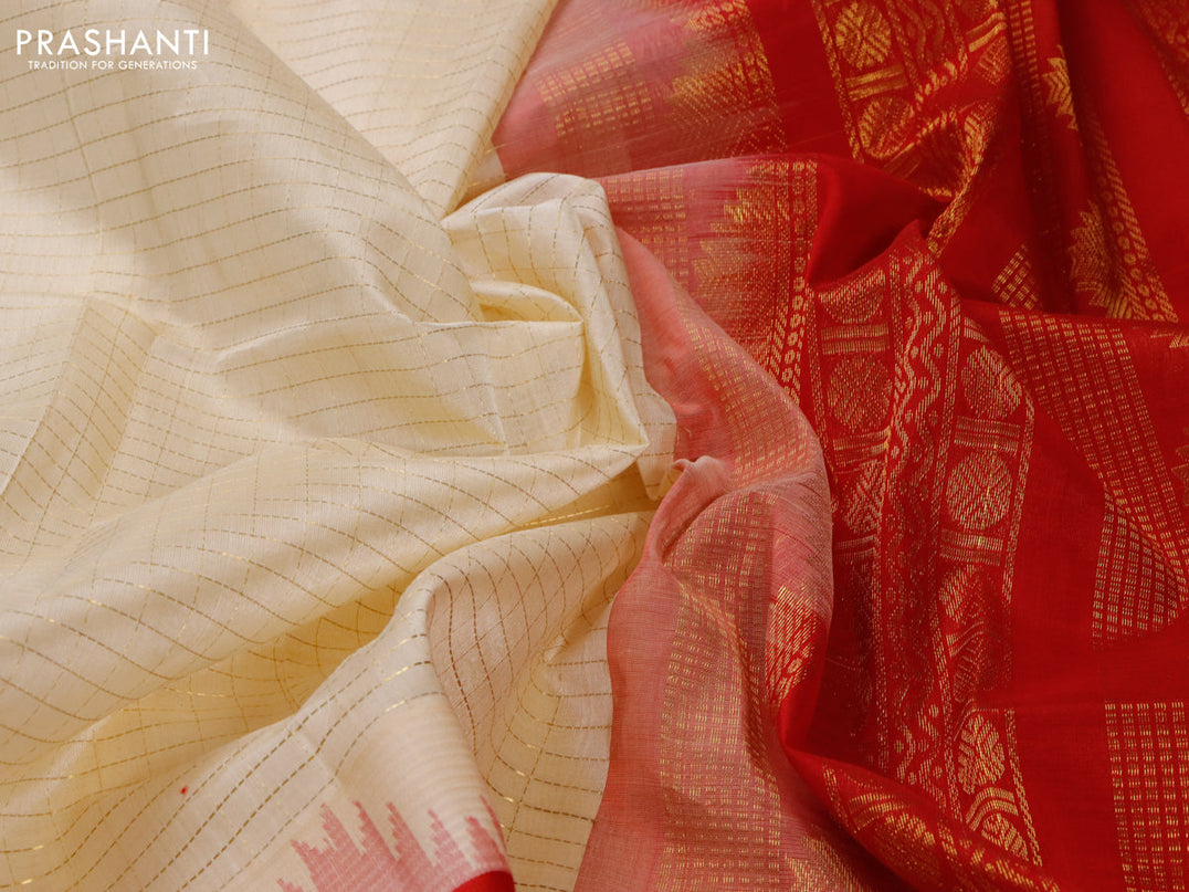 Kuppadam silk cotton saree cream and red with allover zari checked pattern and temple design rettapet zari woven border