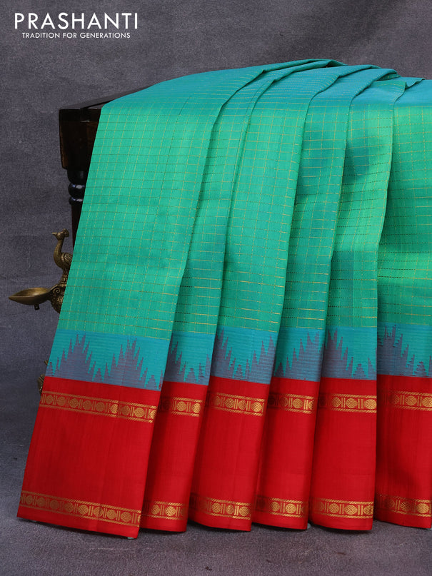 Kuppadam silk cotton saree light green and red with allover zari checked pattern and temple design rettapet zari woven border