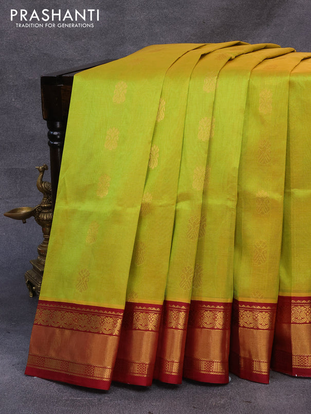 Kuppadam silk cotton saree light green and maroon with zari woven buttas and zari woven border