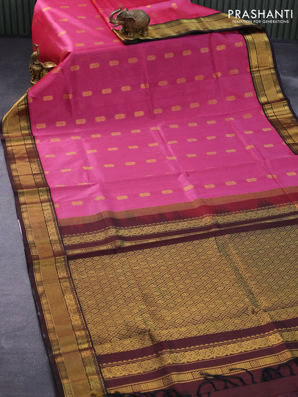 Kuppadam silk cotton saree dark pink and coffee brown with zari woven buttas and zari woven border