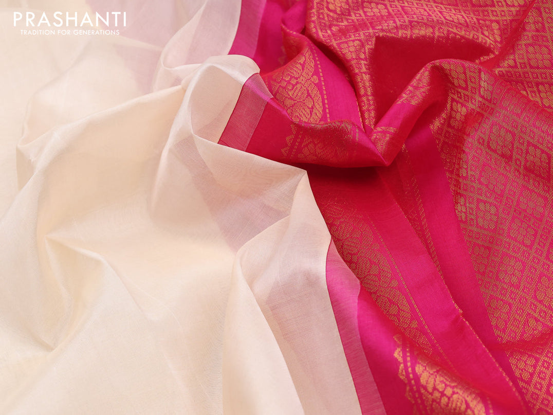 Kuppadam silk cotton saree cream and pink with plain body and zari woven border