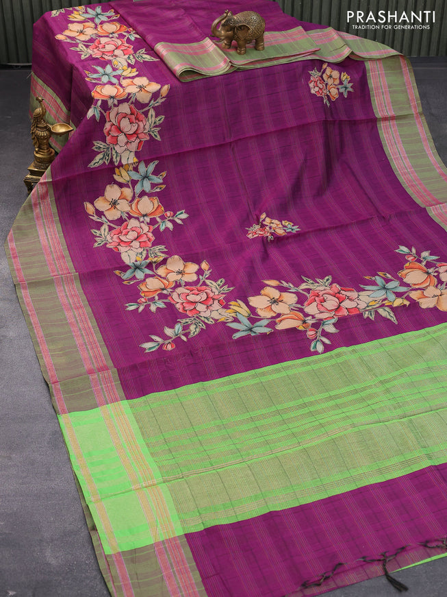 Semi chanderi saree purple and light green with allover kalamkari applique work and rettapet zari wpoven border