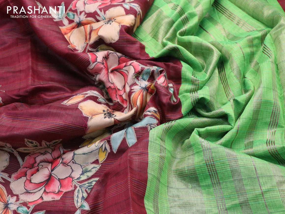 Semi chanderi saree maroon and light green with allover kalamkari applique work and rettapet zari wpoven border