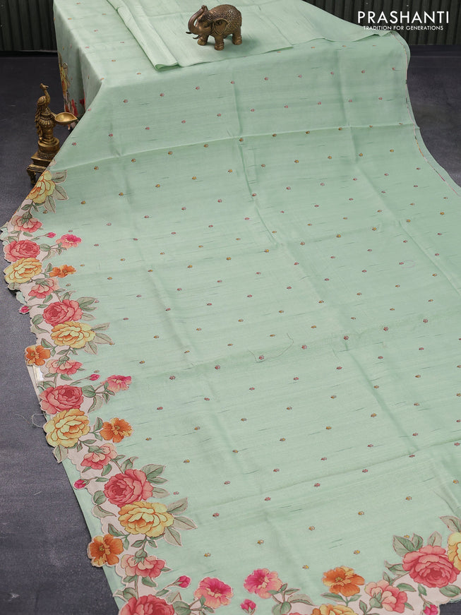 Semi tussar saree pastel green with allover embroidery work buttas and floral design appilque work border