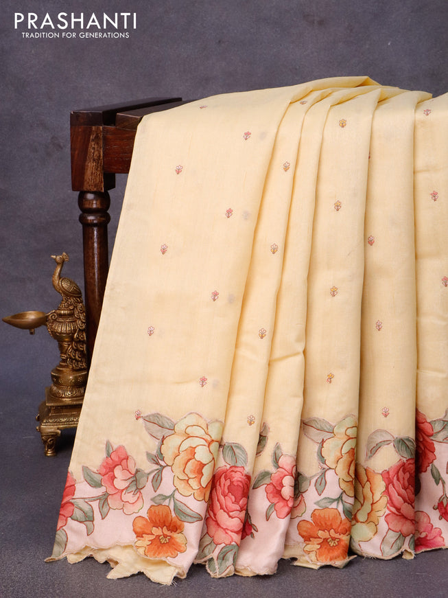 Semi tussar saree yellow with allover embroidery work buttas and floral design appilque work border