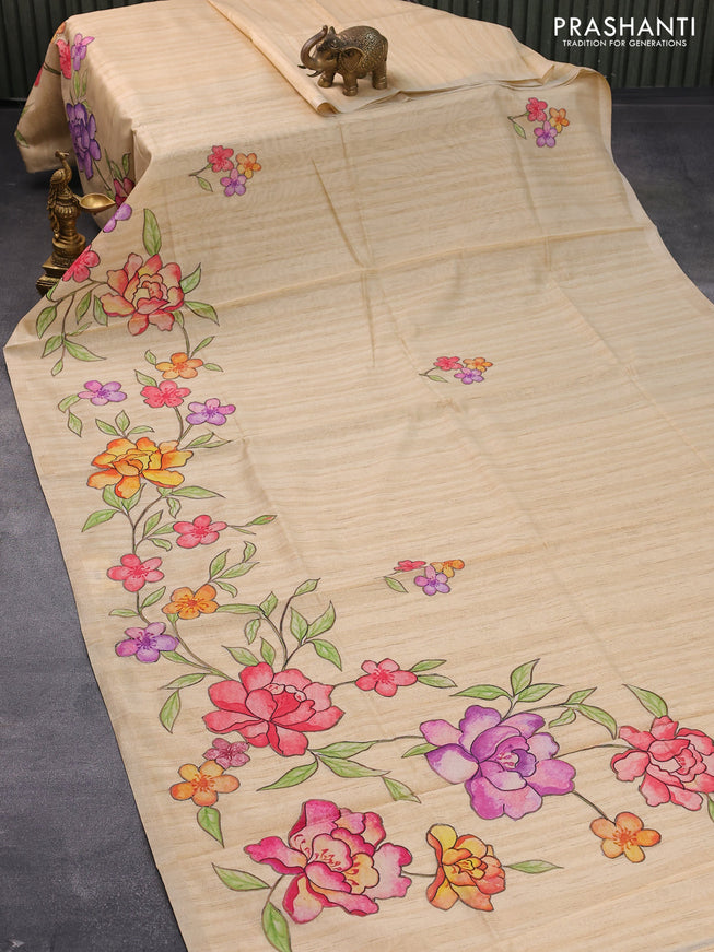 Semi tussar saree sandal with allover floral design applique work and zari woven border
