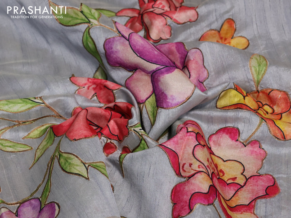 Semi tussar saree grey with allover floral design applique work and zari woven border