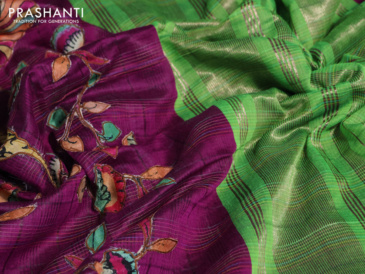 Semi chanderi saree purple and light green with allover kalamkari applique work and rettapet zari woven border