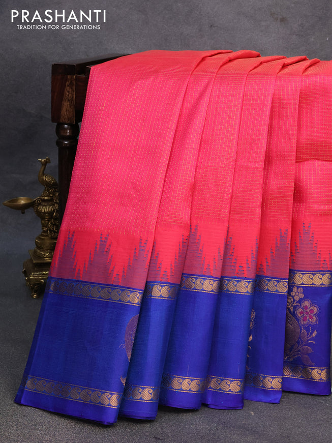 Kuppadam silk cotton saree pink and blue with allover zari checked pattern and rettapet zari woven butta border