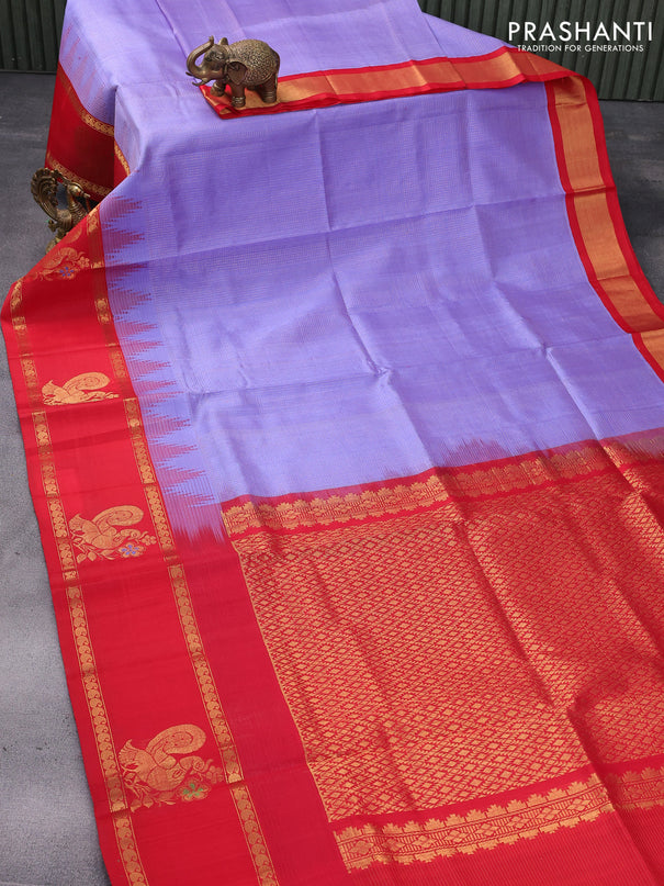 Kuppadam silk cotton saree lavender shade and red with allover zari checked pattern and rettapet zari woven butta border