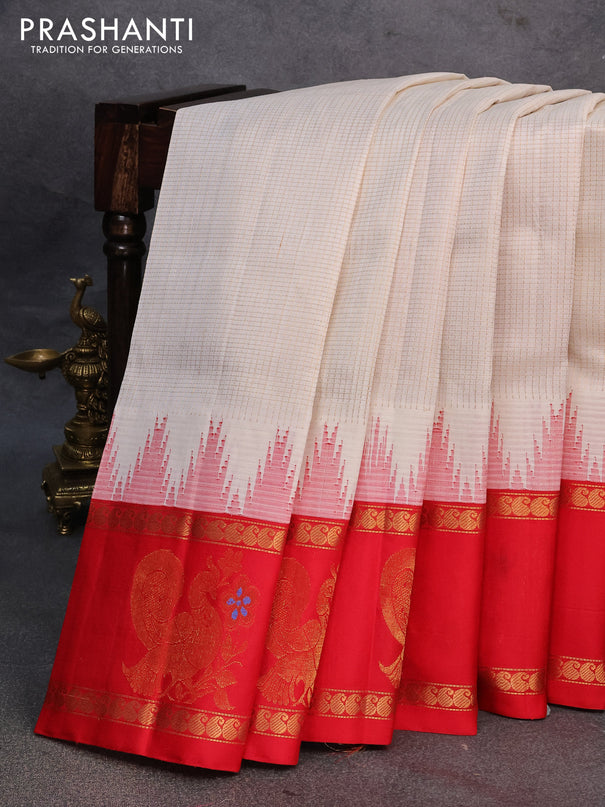 Kuppadam silk cotton saree off white and red with allover zari checked pattern and rettapet zari woven butta border