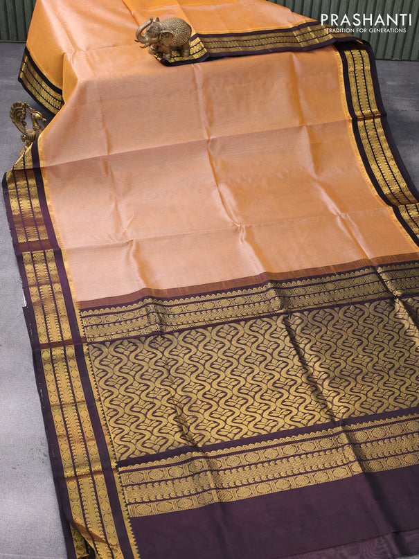 Kuppadam silk cotton saree sandal and deep jamun shade with plain body and zari woven border