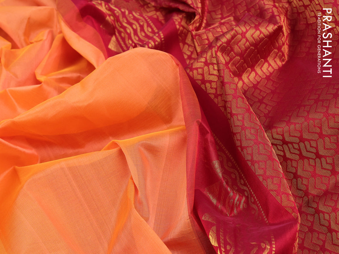 Kuppadam silk cotton saree peach orange and maroon with plain body and long zari woven border