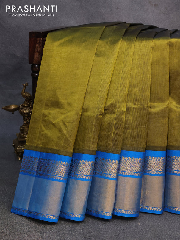Kuppadam silk cotton saree olive green and cs blue with plain body and long zari woven border
