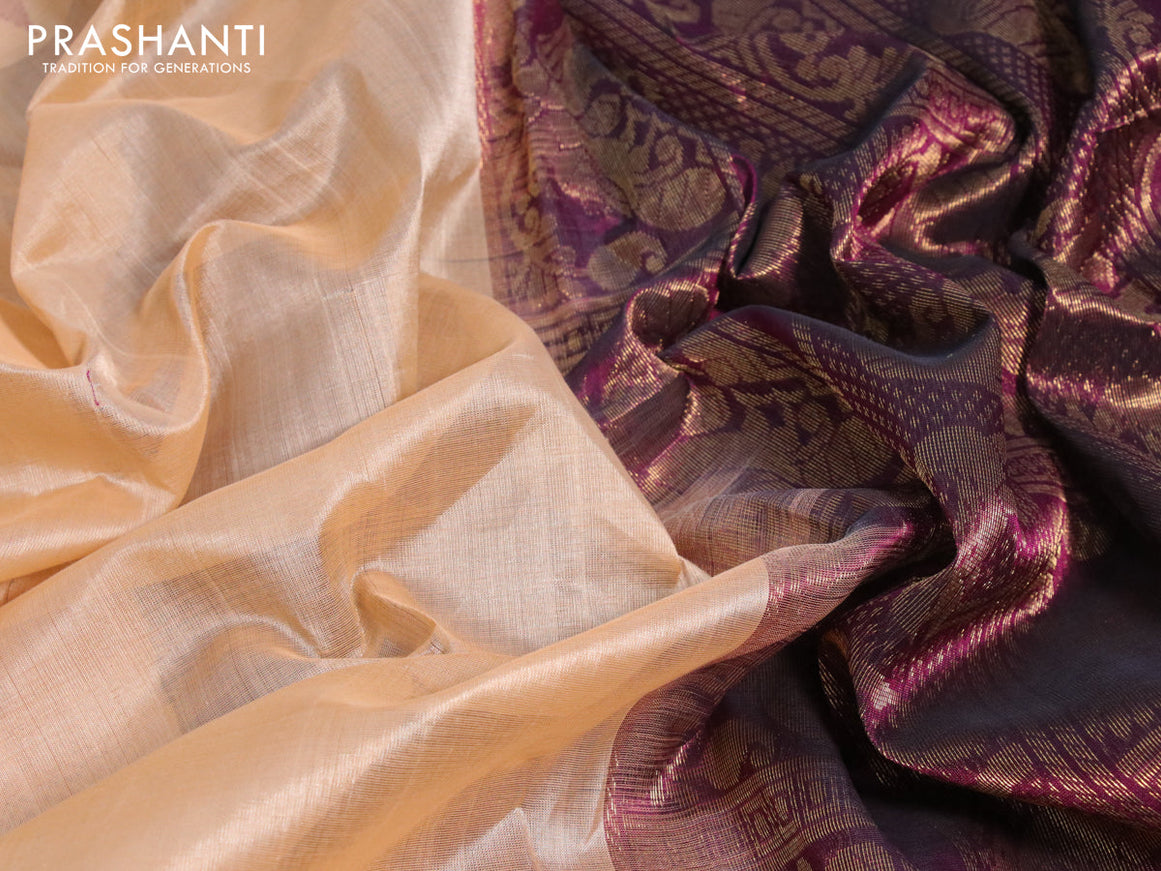Kuppadam silk cotton saree sandal and wine shade with plain body and temple design zari woven border
